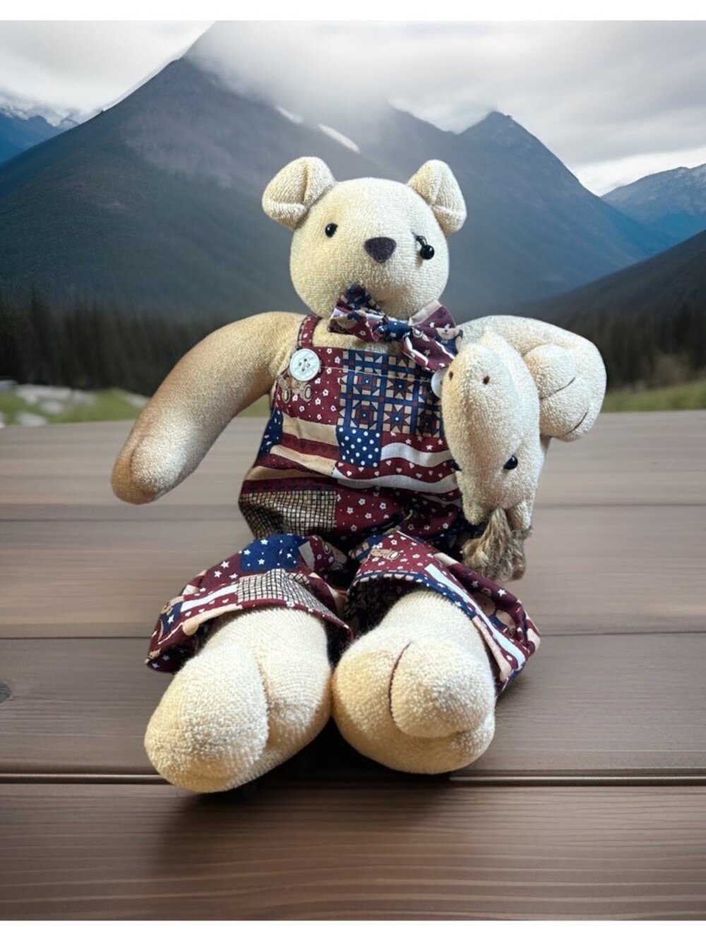 Americana Teddy Bear Wearing Red White Blue 17” Shelf Sitter Handmade No tags